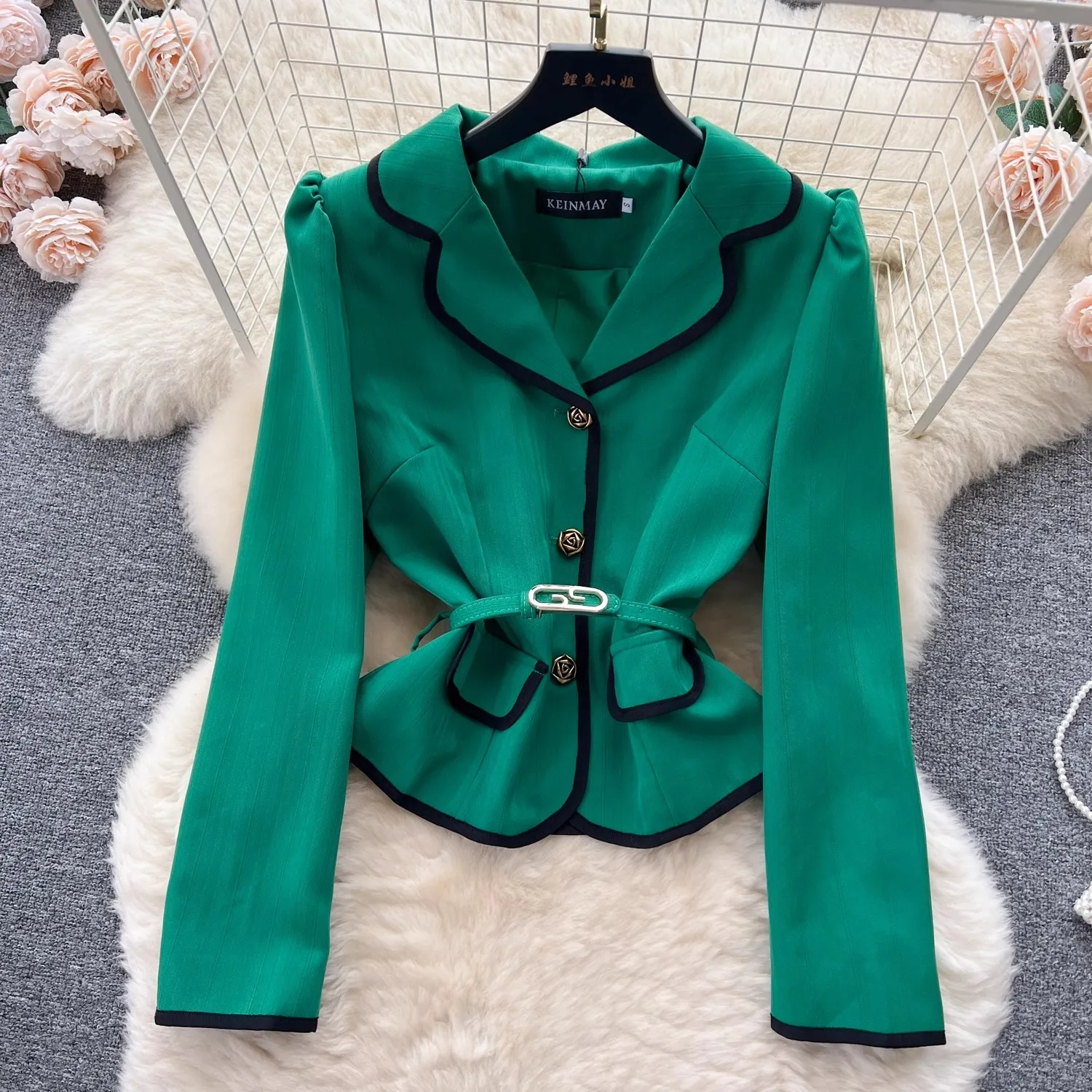 Abito a due pezzi Abiti Autunno Ufficio Blazer da donna Abiti Nuovo Colletto dentellato verde di alta qualità Cappotto monopetto con gonna midi a pieghe 2024