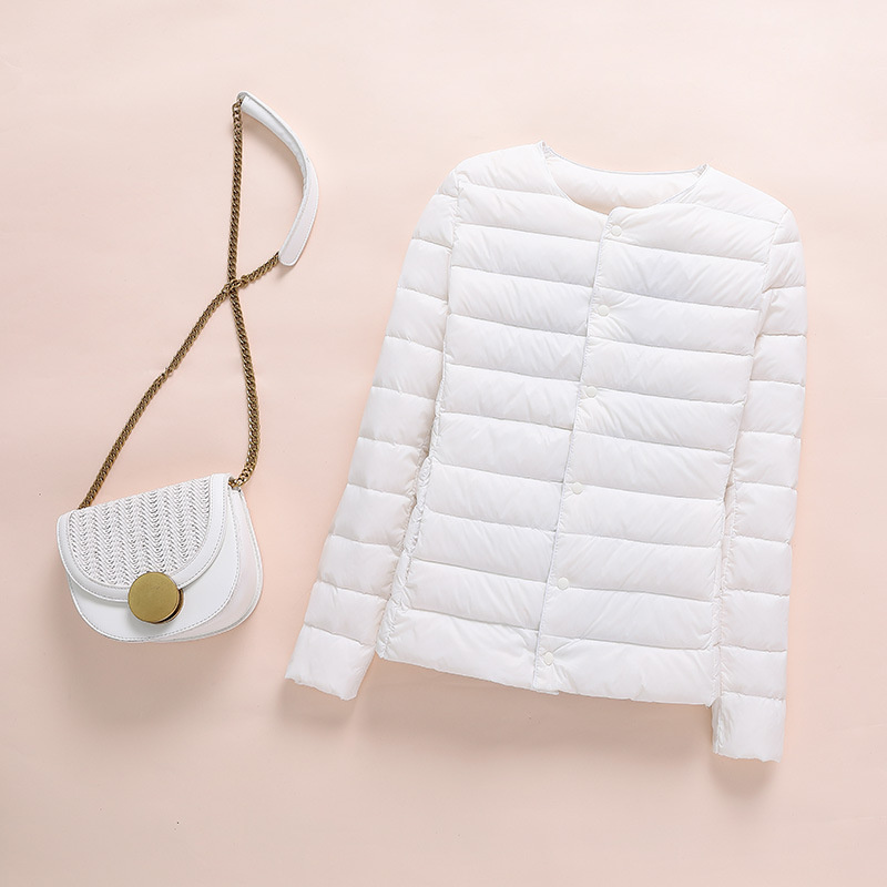 LL Automne et hiver nouveau manteau en duvet sans col pour femmes léger mince pratique col rond coupe ajustée manteau en duvet court pour femmes manteau d'hiver