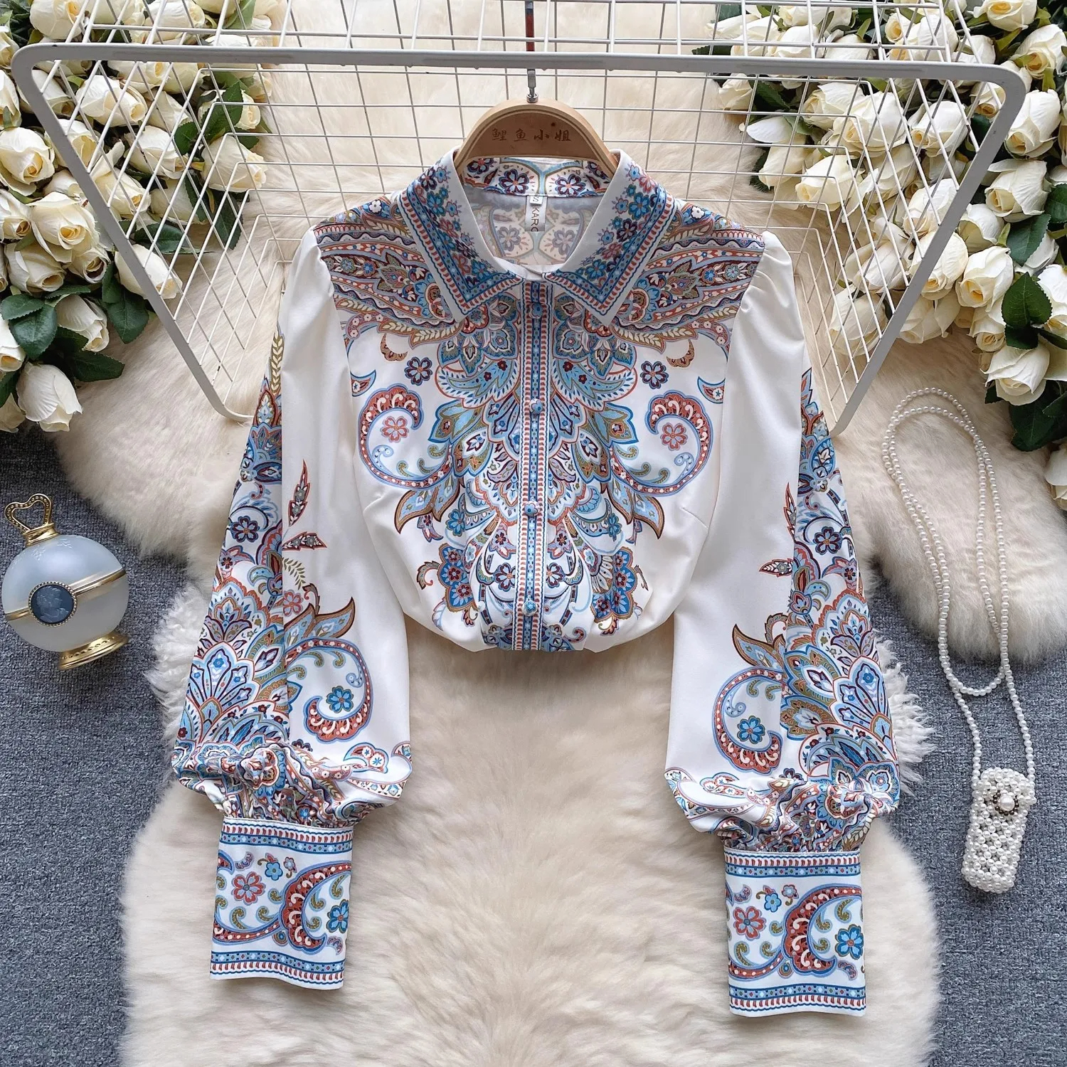 Women's Blouses Shirts 2024 New Autumn Holiday Flower Shirt Tops Runway Vintage Women Lapel Collar Single Breasted Print Floral Lantern Sleeve Blouses