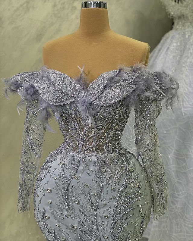 2023 April Aso Ebi Silver Mermaid Prom Dress Feather Crystals Evening Formal Party Second Reception Birthday Engagement Gowns Dresses Robe De Soiree ZJ512