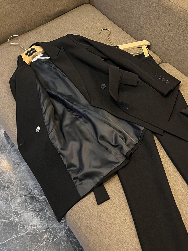 2024 herbst Schwarz Einfarbig Zwei Stück Hosen Sets Langarm Kerb Revers Gürtel Blazer Blazer Top Mit Set 3 stück Hosen Anzüge O3N02812