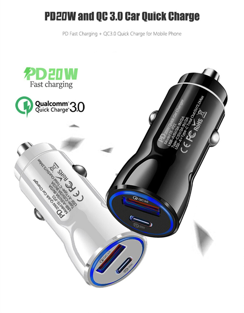 38W USB C Car Charger QC 3.0 PD 4.0 Type C Fast Car Phone Charger For iPhone 14 13 12 Samsung S22 Ultra Xiaomi Huawei With Retail Box Package