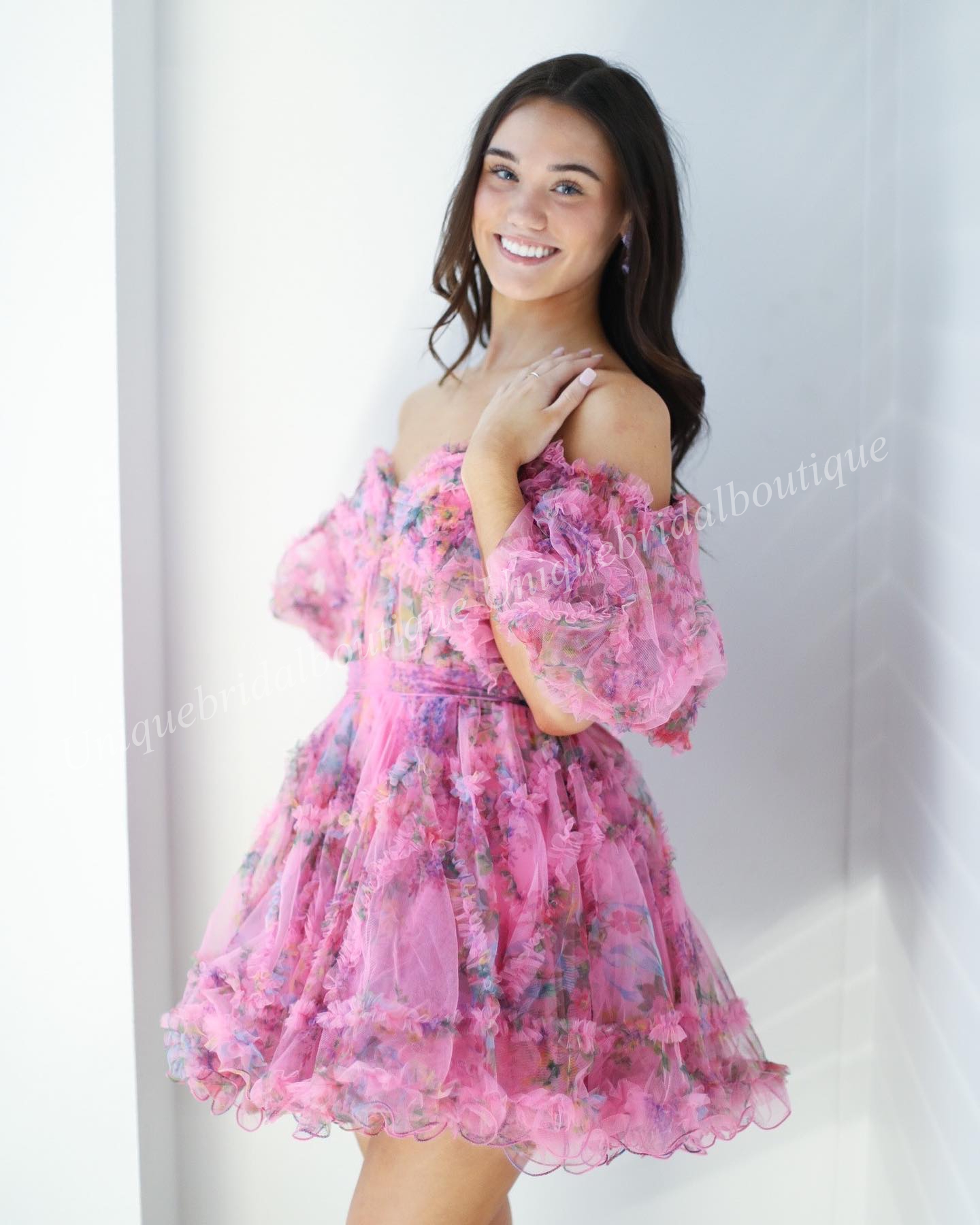 Print Floral Homecoming Dress 2k24 Hoco Ruffed Ballon Sleeves Sheer Corset Drama Graduation Cocktail Party Wedding Guest Holiday Club Black-Tie Gala Lilac Pink Blue