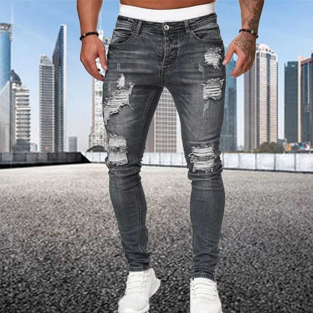 Jeans voor heren Verontruste streetwear gescheurde skinny jeans Heren Vintage wassing Effen elastisch Bikergaten Denim potloodbroek Casual slim fit joggersLF231111