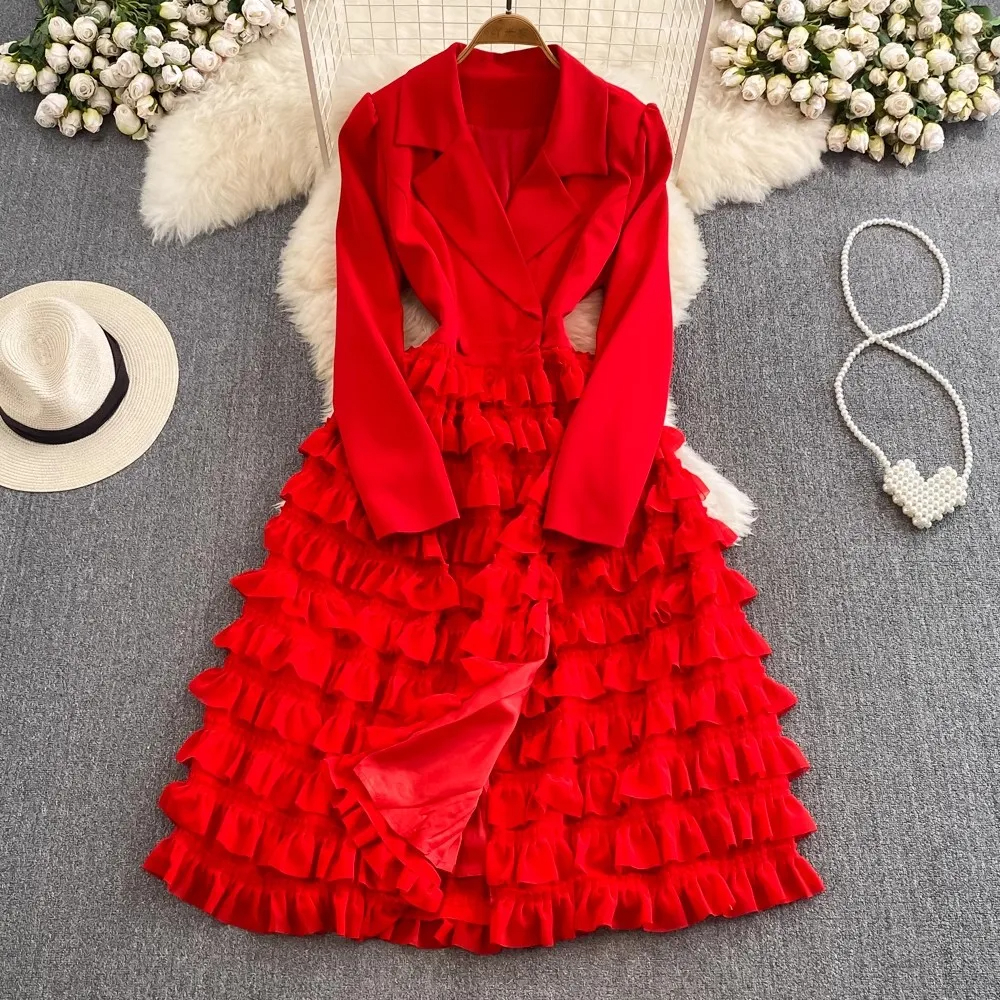 Casual Dresses New Autumn Winter Notched Collar Ladies Office Cake Dress Elegant Women Double-breasted Long Sleeve Layers Ruffles Midi Vestidos 2024