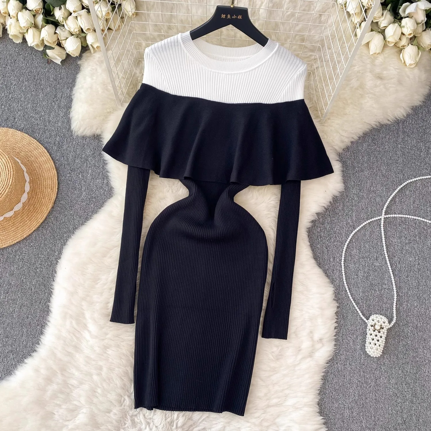 Basic Casual Dresses 2024 Korean Autumn Winter Black White Patchwork Ruffles Pencil Dress Chic Women O Neck Knitted Split Long Sleeve Sweater Vestido