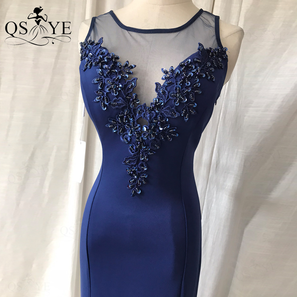 Stretchy Navy Prom Dresses Mermaid Beaded Lace Appliques Evening Gown Scoop Neck Sleeveless Princess Dark BlueParty Formal Dress