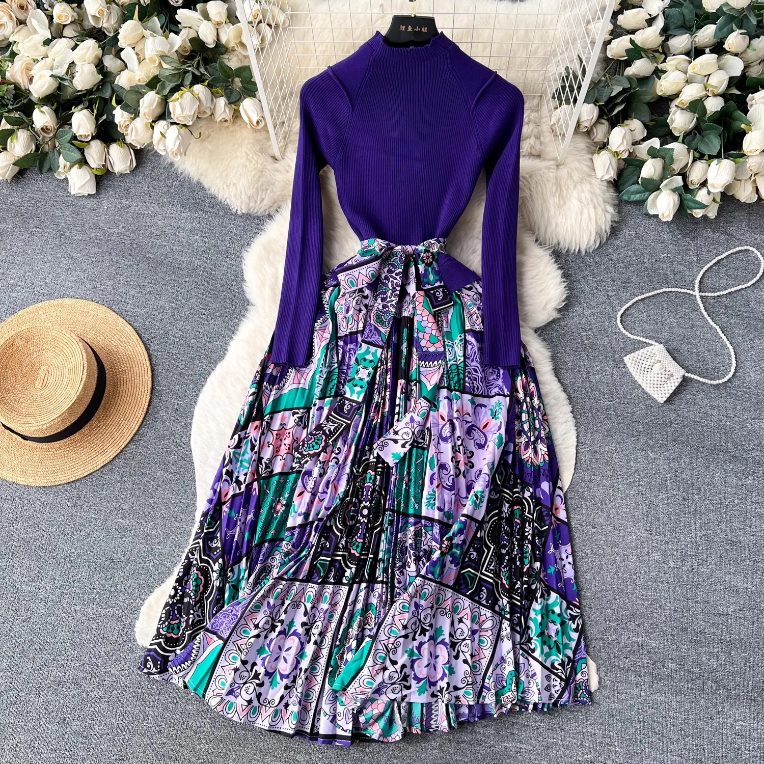 Basic Casual Dresses New Autumn Winter Knitted Patchwork Flower Print Chiffon Dress Elegant Women O Neck Long Sleeve Lace Up Pleated Midi Dress 2024