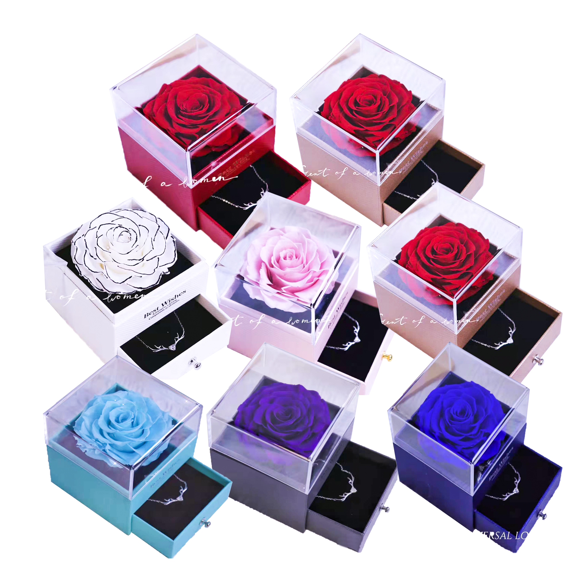 Czerwony zaczarowany wieczna róża 100 języków akrylowa pudełko na biżuterię Prezenty kwiatowe zachowane prawdziwa róża na walentynkowe prezent ślubny