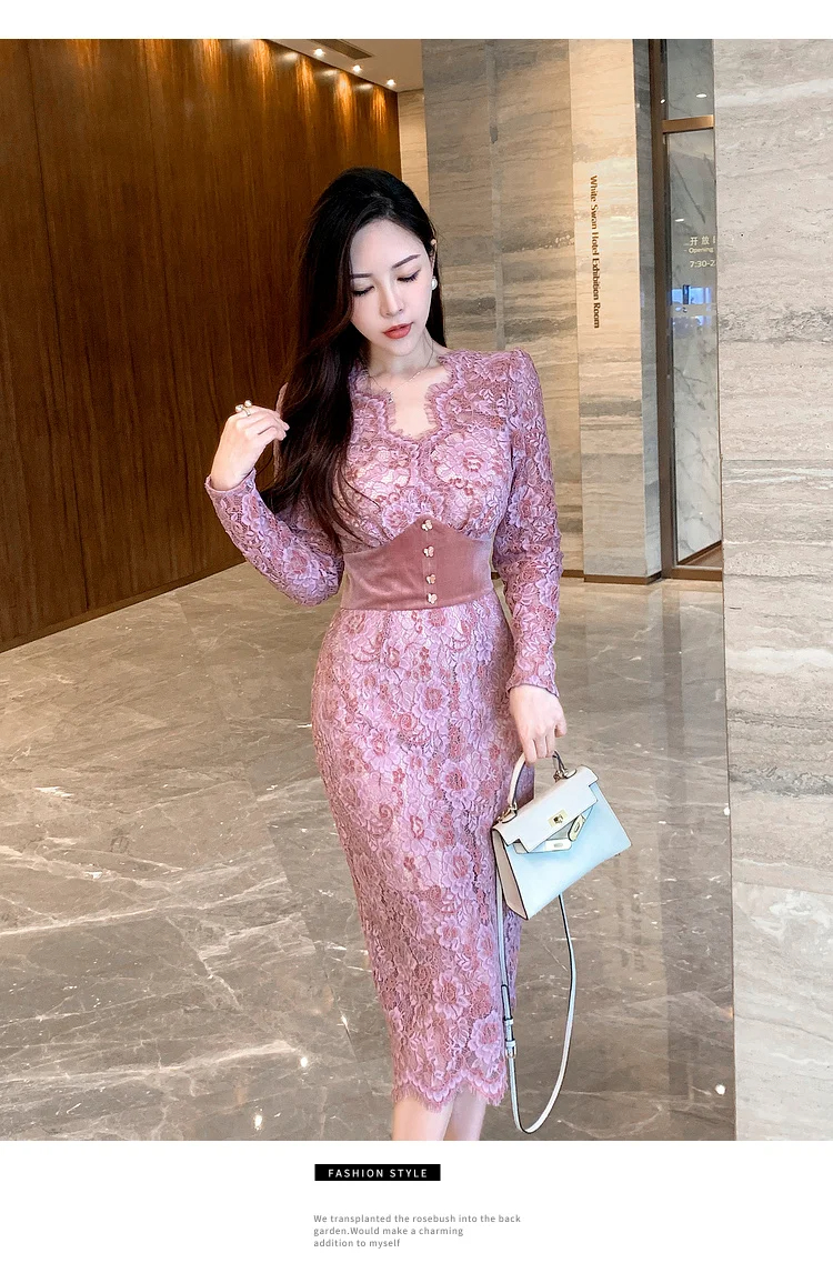 Basic Casual Dresses New 2024 France Elegant Women V Neck Lace Evening Dress Vintage Autumn Pink Floral Hollow Out Long Sleeve Bodycon Midi Vestidos