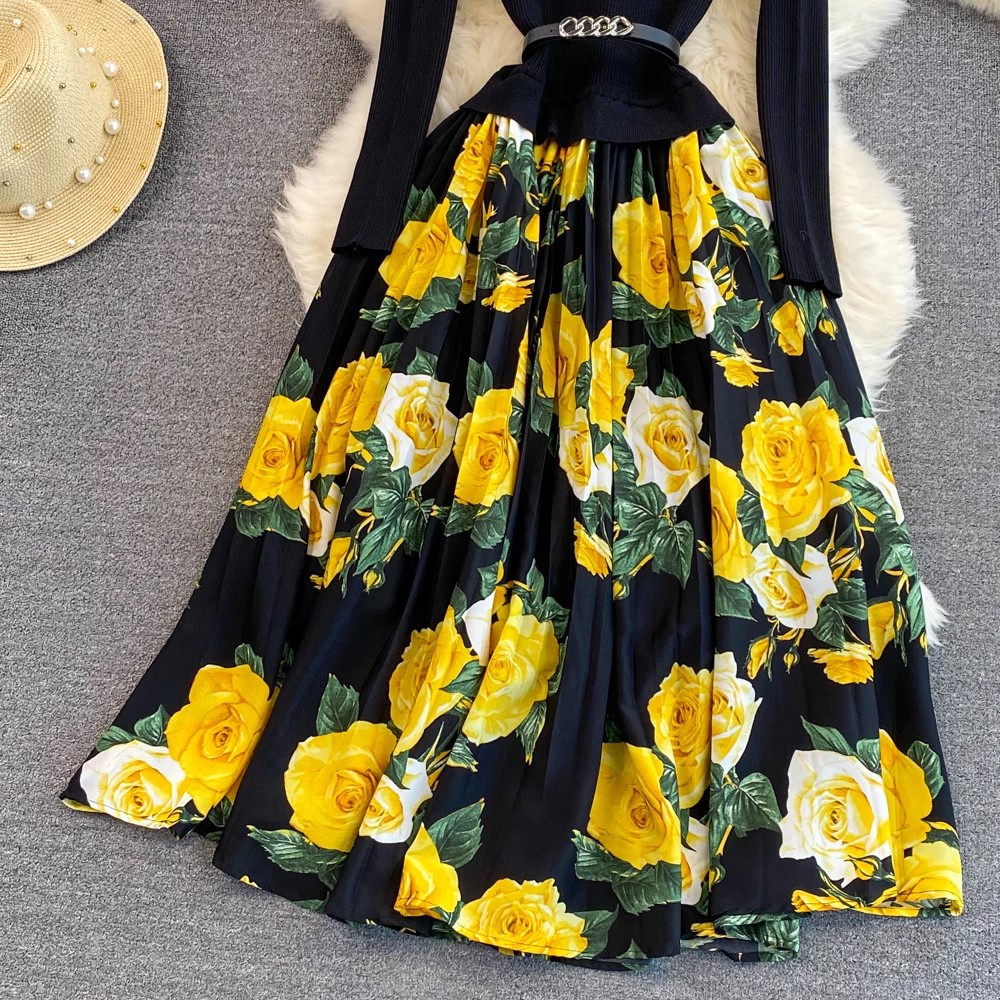 Basic Casual Jurken Nieuwe 2024 Elegante Herfst Winter Nep Twee Stukken Geplooide Jurk Vintage Vrouwen Bloemenprint Patchwork Gebreide Lange Mouw Riem Trui vestidos