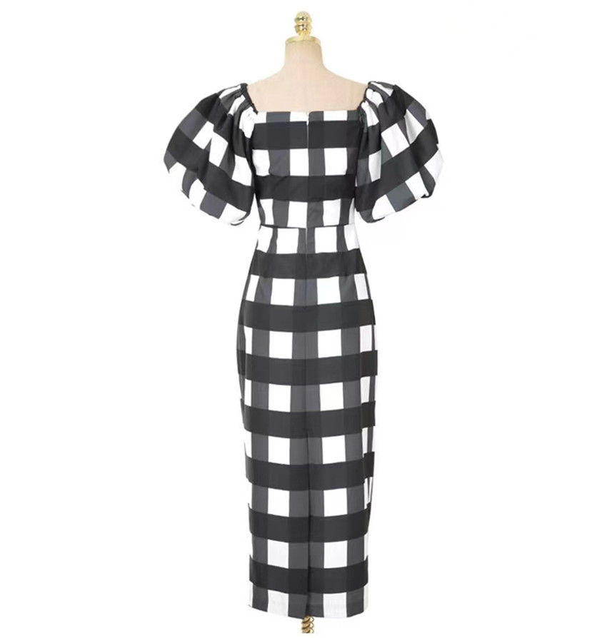 Women Casual Dresses Fashion Summer Black White Plaid Sheath Dress Retro France Peach Heart Collar Lantern Sleeve Bodycon Pencil Long Vestidos 2024