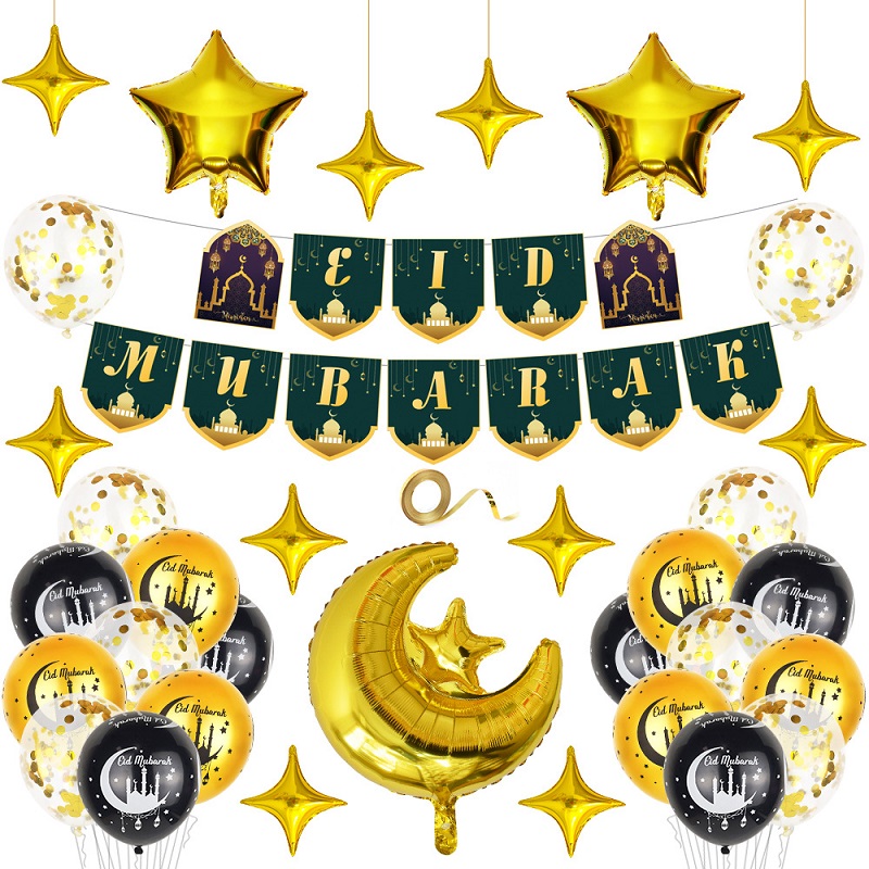 علامات بانر الحزب الديكور عيد مبارك سحب العلم البالون كعكة إدراج تخطيط النجوم القمر رسائل السنة الجديدة