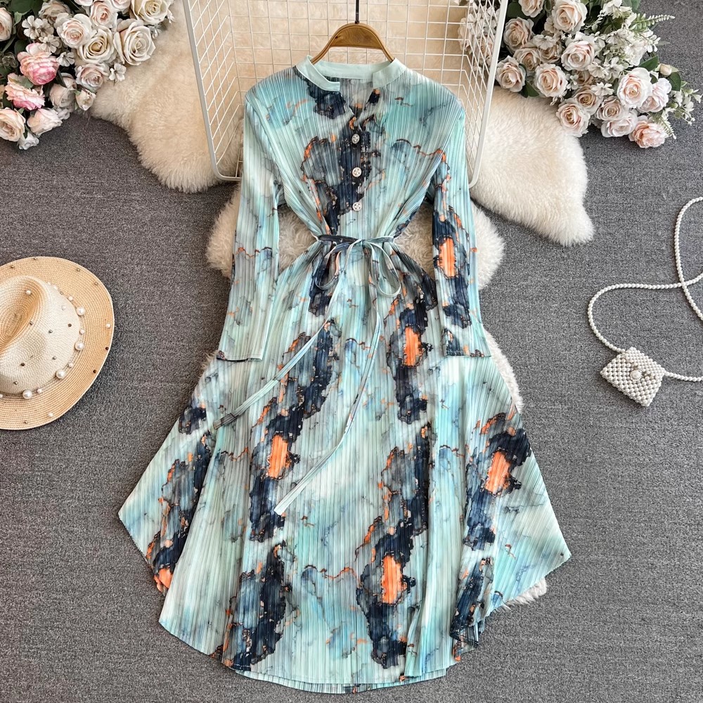 Women Basic Casual Dresses Autumn Pleated Midi Dress New Elegant Women's Round Collar Single Breasted Geometry Printed Lace Up Loose A Line Vestidos 2024