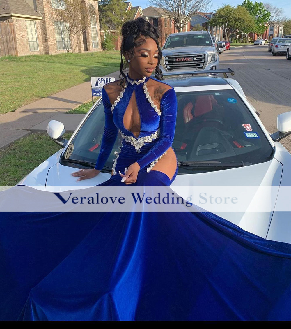 Royal Blue Mermaid Evening Dresses Long Sleeves Velvet Beads High Neck Prom Gowns For Women 2023 African Gril Gala Party Wear