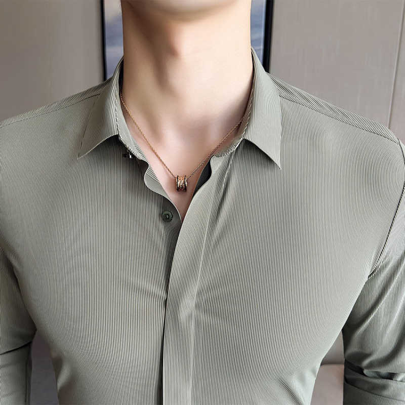 Erkekler Sıradan Gömlekler 2022 Sonbahar Çizgili Gömlek Erkek Yüksek Elastikiyet Dikişsiz Uzun Kollu Sıradan Gömlek İş Sosyal Elbise Gömlek Camisa Maskulina W0410