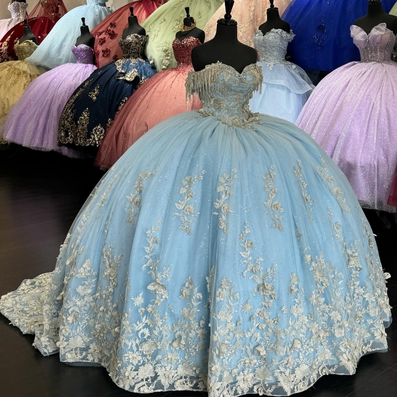 2024 Sky Blue Shiny Quinceanera Dress 3D Appliques Sweetheart Handgjorda blommapärlor Bollklänningar Vestidos de 15 Anos
