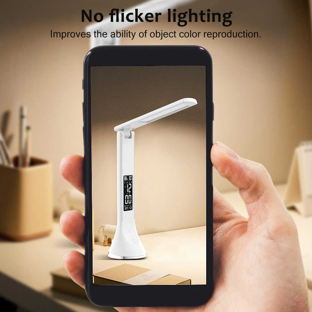 Desk Lamps LED Desk Lamp with Wireless Charger Sliding Dimmable Table Lamp Thermometer and Automatic Timing Reading Desk Lamp P230412