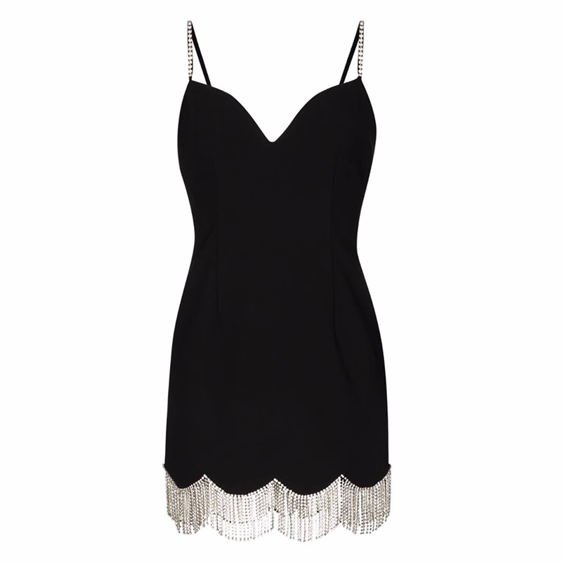 Kvinnans festklänningar lyxiga design diamanter Rhinestone spaghetti rem svart färg tassel fransar botten korta vestidos smlxl