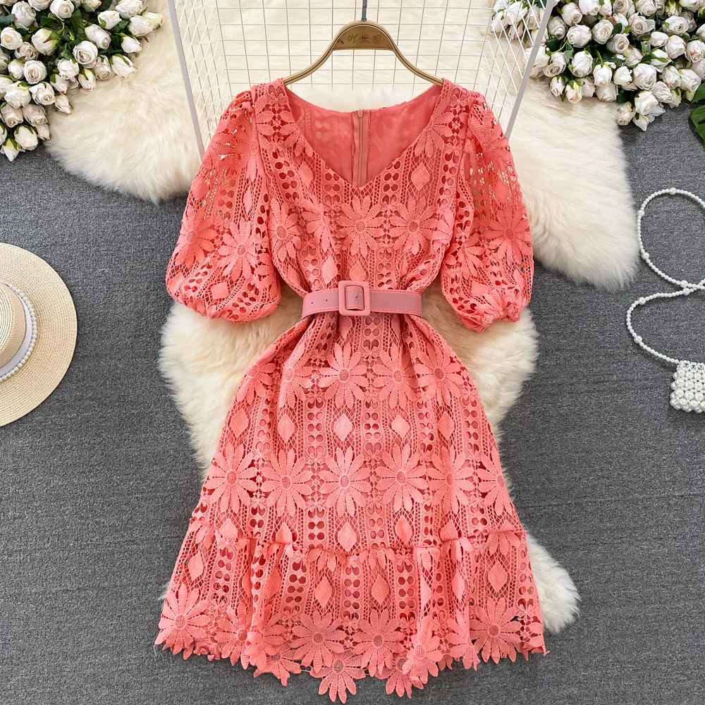 Women Basic Casual Dresses New Vintage Summer V Neck Crochet Flower Lace Dress Fashion Women Rose Red Puff Sleeve Hollow Out Embroidery Belt Mini Vestidos 2024