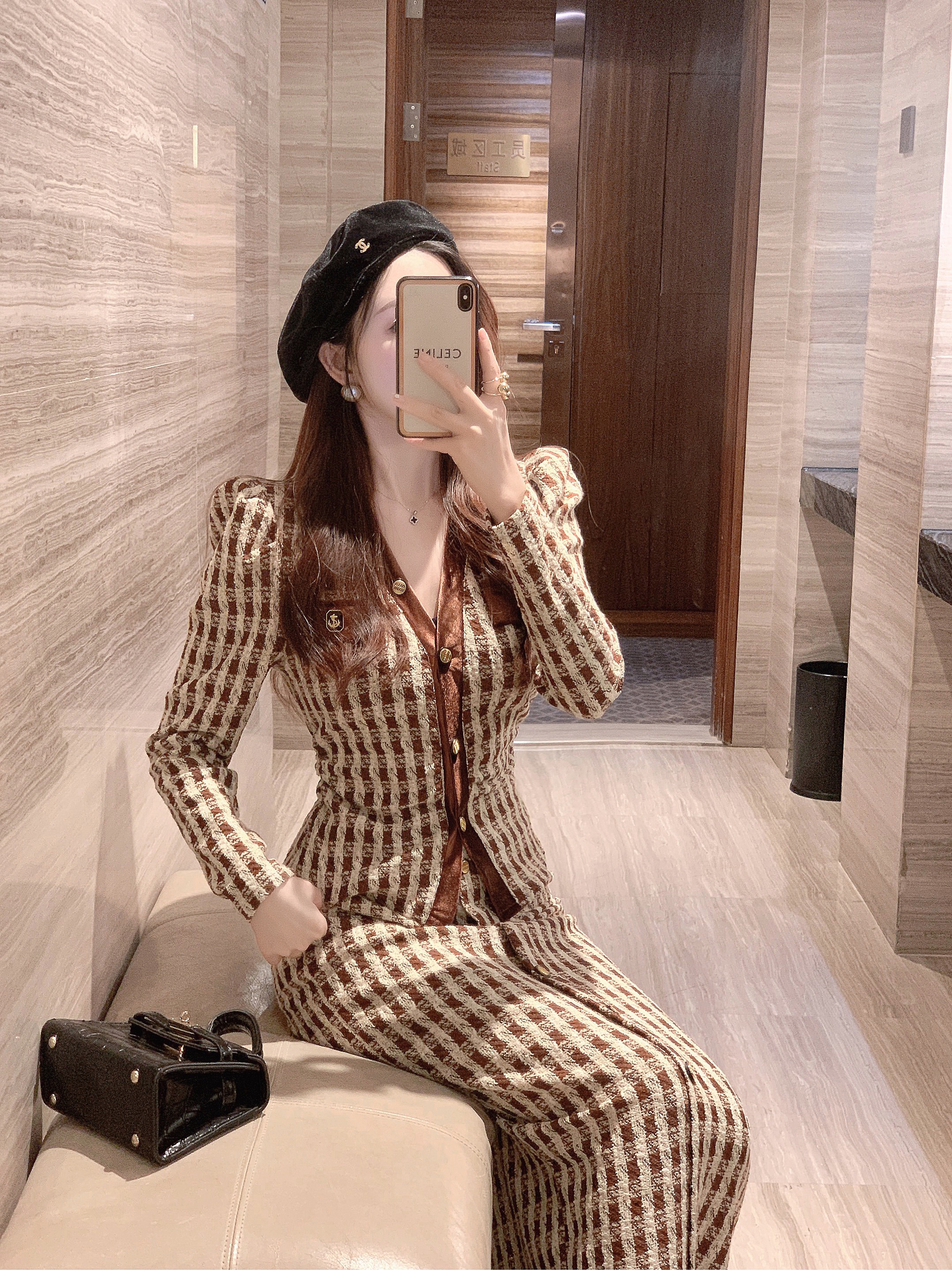 Two Piece Dress Sets Small Fragrant Tweed Plaid Skirt Suit New Fashion Winter Women V Neck Single Breasted Coat Bodycon Buttons Split Long Skirt Set 2024