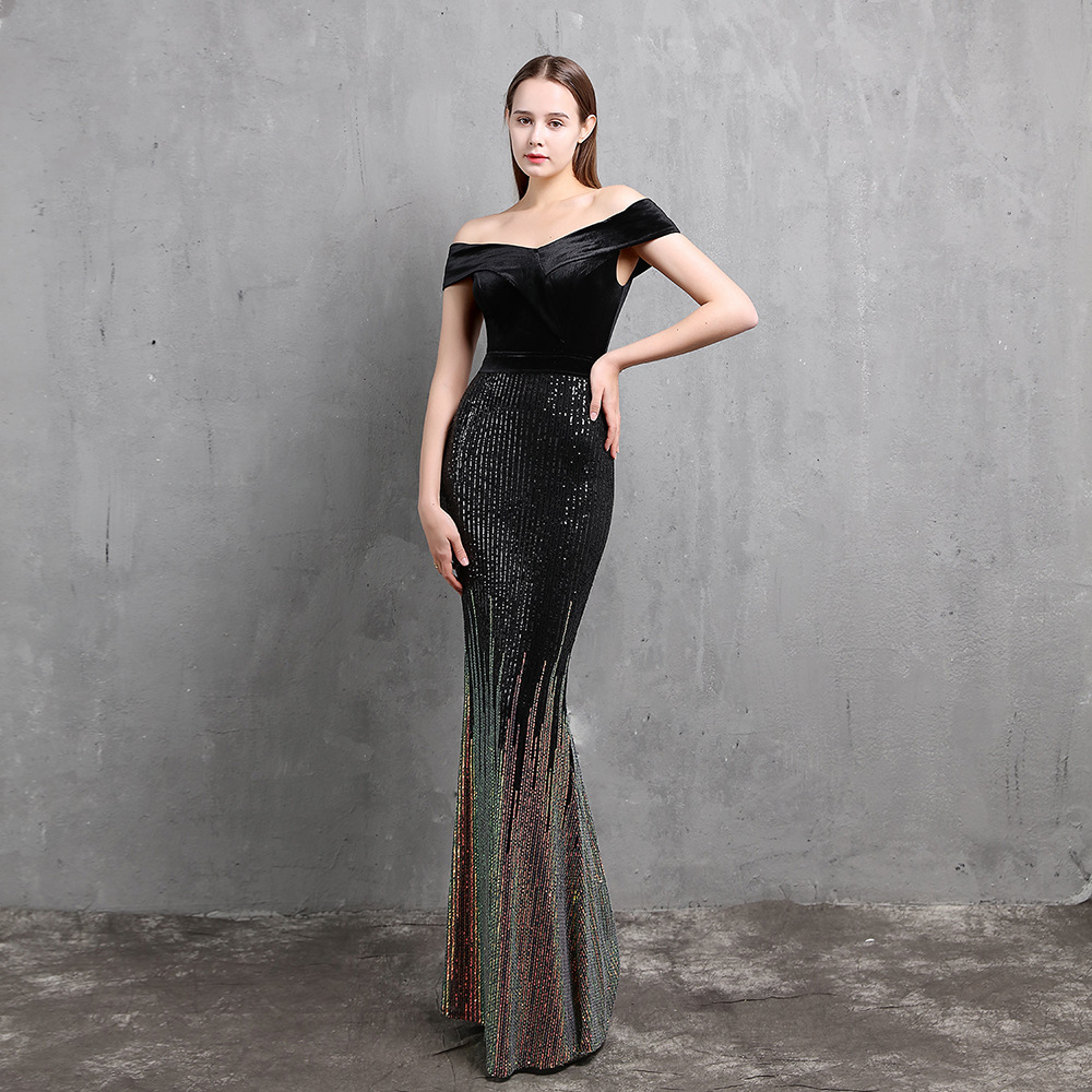 Plus -storlek Bourgogne Slash Neck Evening Dress Elegant Velor Patchwork paljetter Slim Party Dress Mermaid Formella klänningar Kvinnliga klänning
