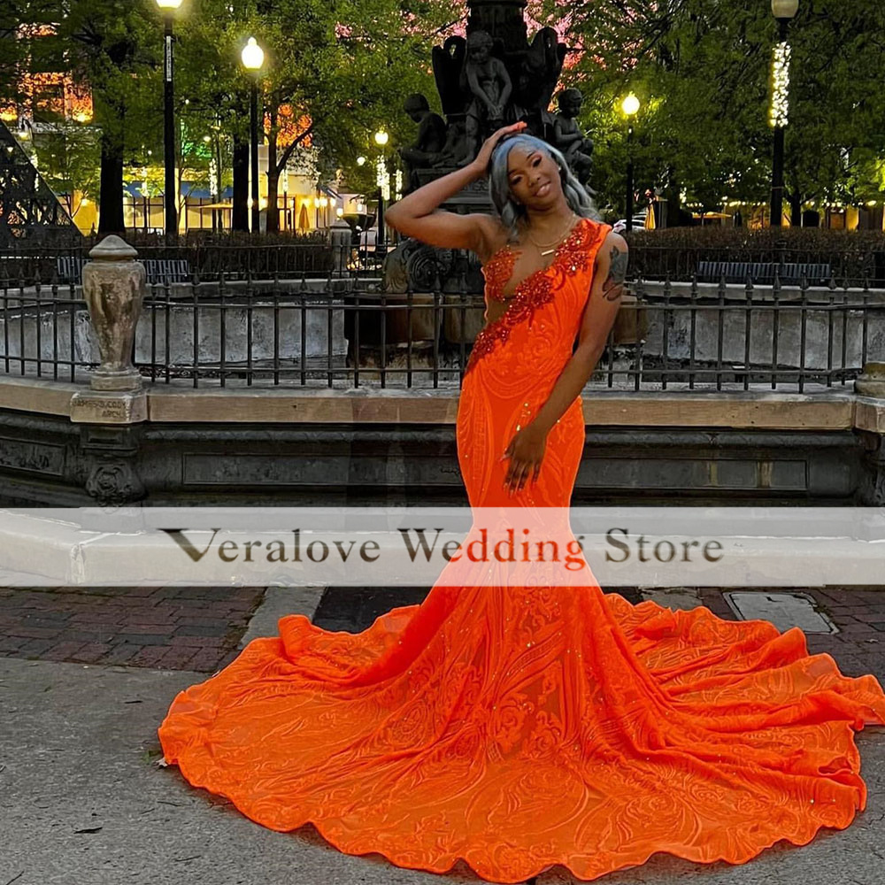 Schwarze Mädchen Meerjungfrau Ballkleider 2023 Pailletten Spitze Orange Abendkleider Outfit Afrikanische Frauen Roben De Bal Party Wear