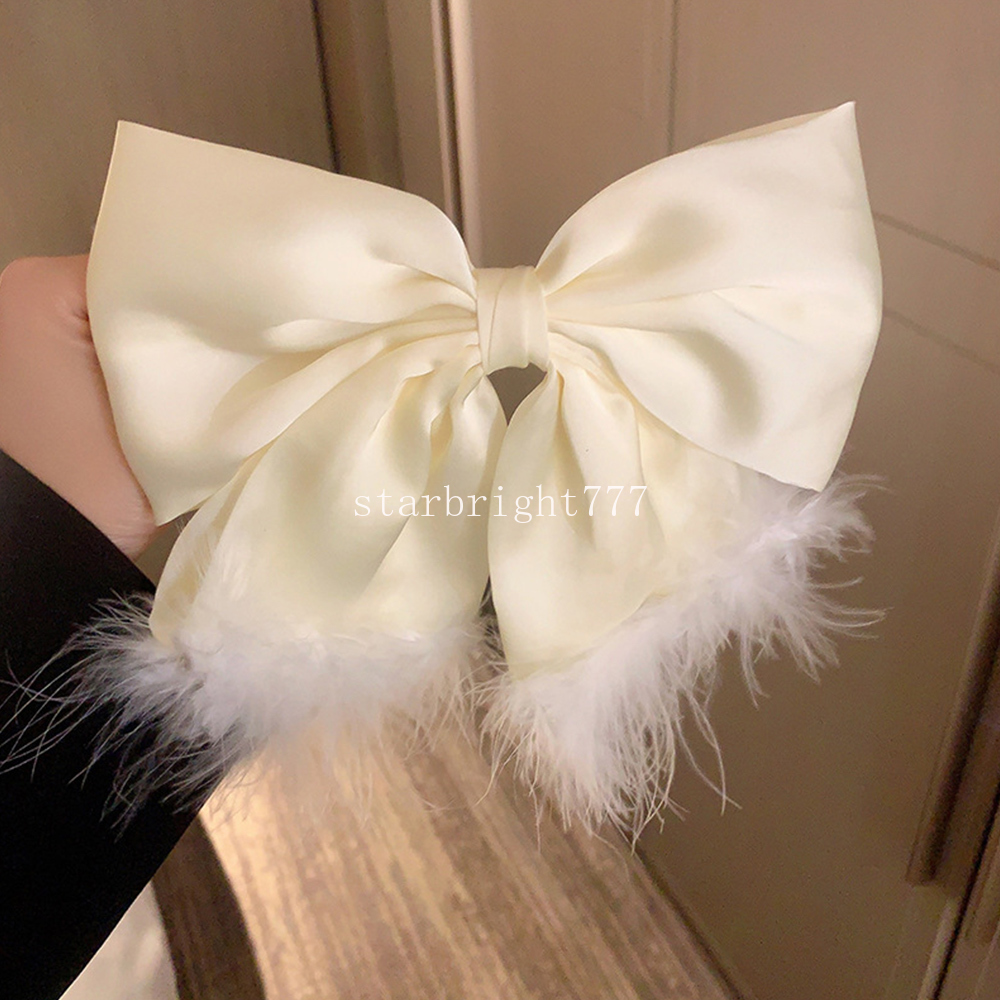 Large Satin Bowknot Hair Clip Elegant Women Bow Feather Hairpin Metal Spring Clip Barrettes French Style Hair Accessories