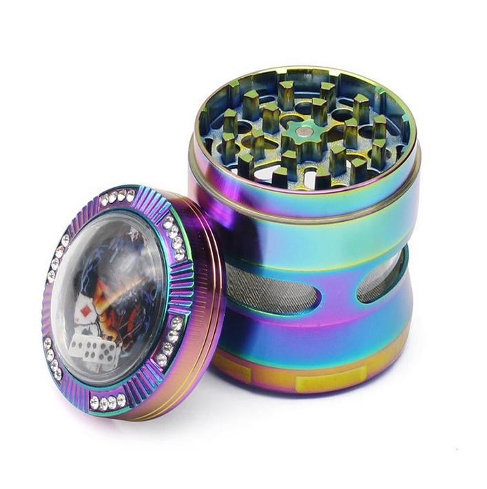 Moedores de ervas para fumar tabaco quatro camadas material de liga de alumínio 100% metal diâmetro 63mm cor misturada com iluminação de janela superior clara 312J