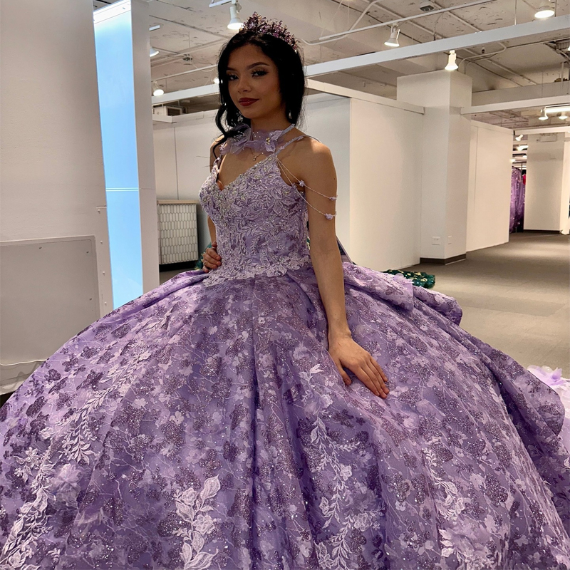 Mexico Lavendel Uit De Schouder Baljurk Quinceanera Jurk Voor Meisjes Kralen Applique 3DFlowers Verjaardagsfeestje Jurken Galajurken Sweet 16