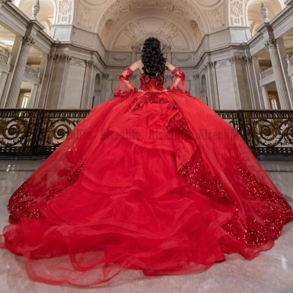 Czerwone świecące sukienki na Quinceanera z odpinanymi rękawami Vestido De 15 Anos suknia balowa meksykańskie dziewczyny słodka 16 sukienka na przyjęcie urodzinowe