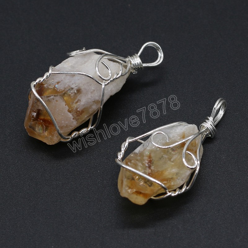 Citrine Natural Stone Irregular Prata Wire Pingente Crafts para Jóias Fazendo Charms Diy Acessórios de Brincho de Colar