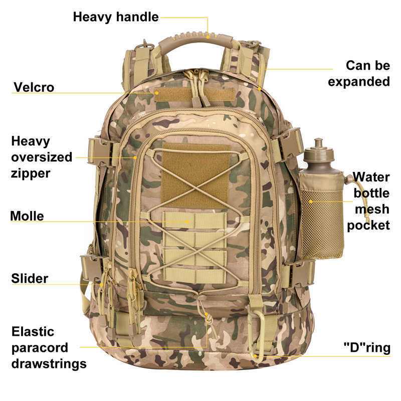 Grande capacité militaire tactical sac à dos armée assaut à sac de bord extérieur 3 jours de voyage extensible Randonnée de randonnée MOLLE BUG OUT SAG 230412