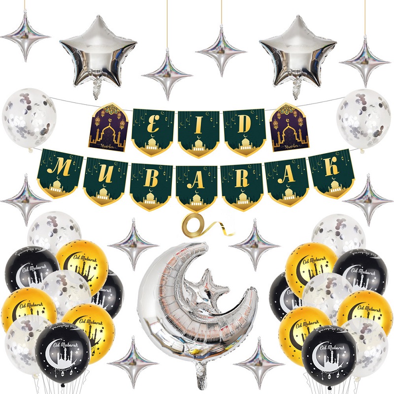 Banner Flags Party decoration eid mubarak Pull Flag Balloon Cake Insert Layout Supplies Stars Moon New Year letters