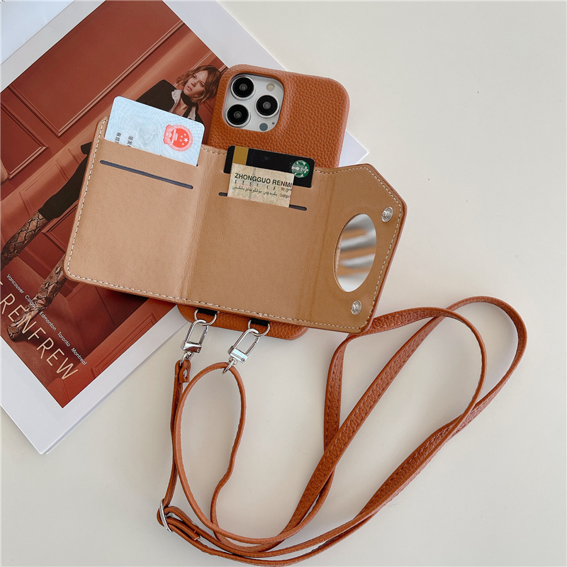 Luxuriöse Crossbody Litchi Grain Folio Vogue Handyhülle für iPhone 15 Plus 14 13 Mini 12 11 Pro Max XR XS mehrere Kartenfächer Leder Portemonnaie Clutch Rückseite mit Spiegel