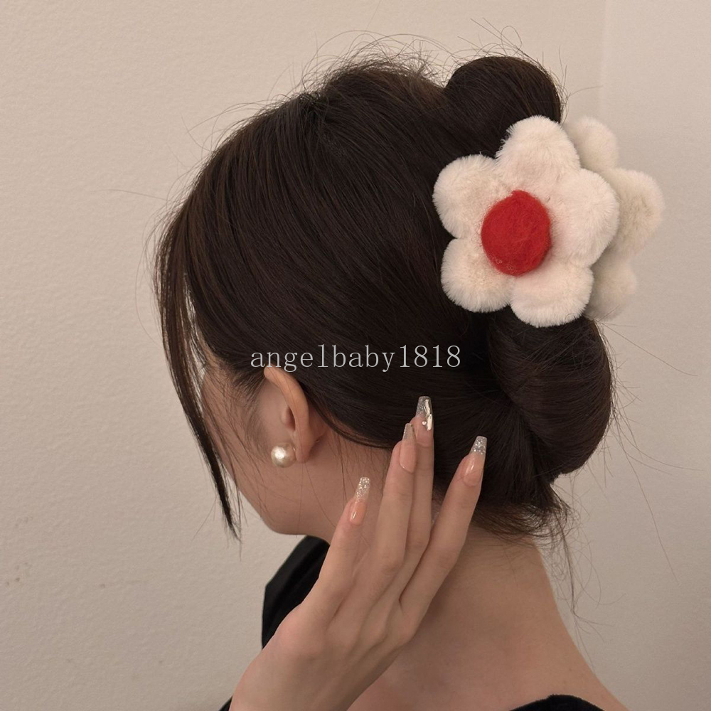 Double-Side Flower Hair Claw For Women Soft Plush Hair Clip Crab Ponytail Hairpin Barrette Hairgrips Winter Hair Accessories