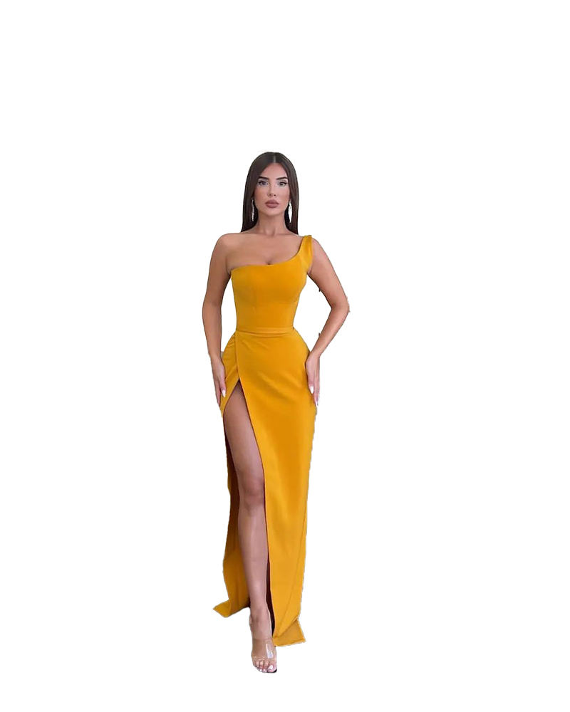 Dubaï arabe simple jaune sirène robes de bal pour femmes filles grande taille une épaule haut côté fendu vêtements de cérémonie anniversaire occasion spéciale robes de soirée