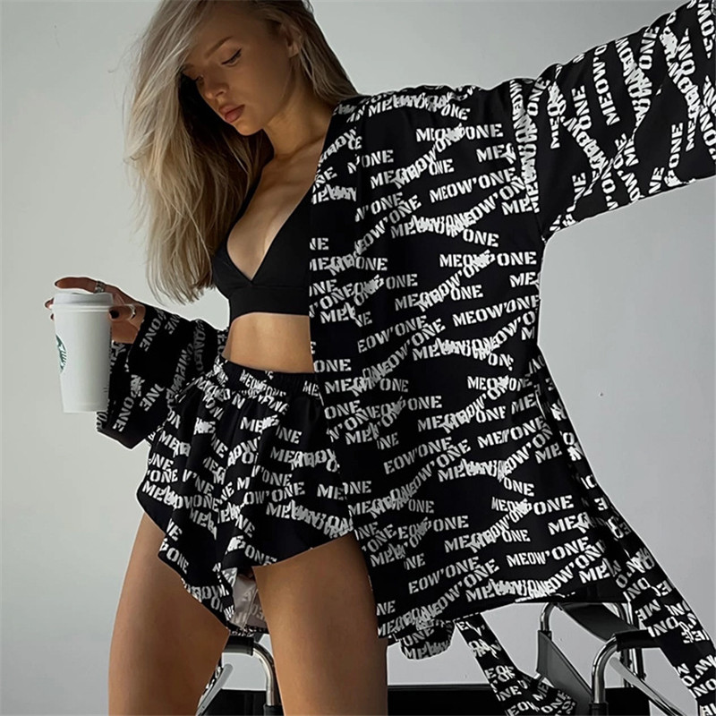 Femmes vêtements de nuit mode pyjamas imprimer 2 pièces ensembles femmes tenues décontracté à lacets à manches longues Robes Shorts ensemble Homewear 2023