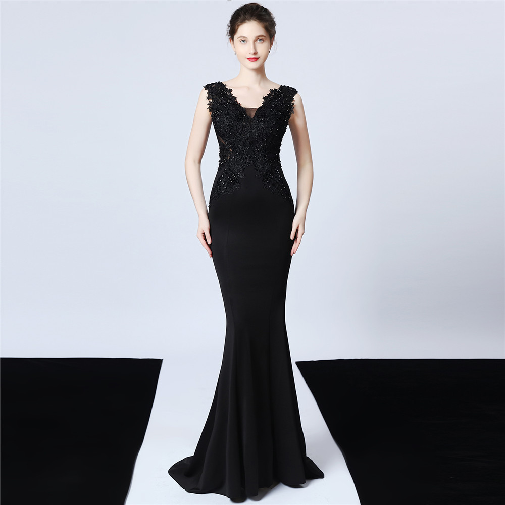 Black White Green V-neck Appliques Beading Long Satin Evening Dress See-through Back Elegant Formal Evening Party Dress