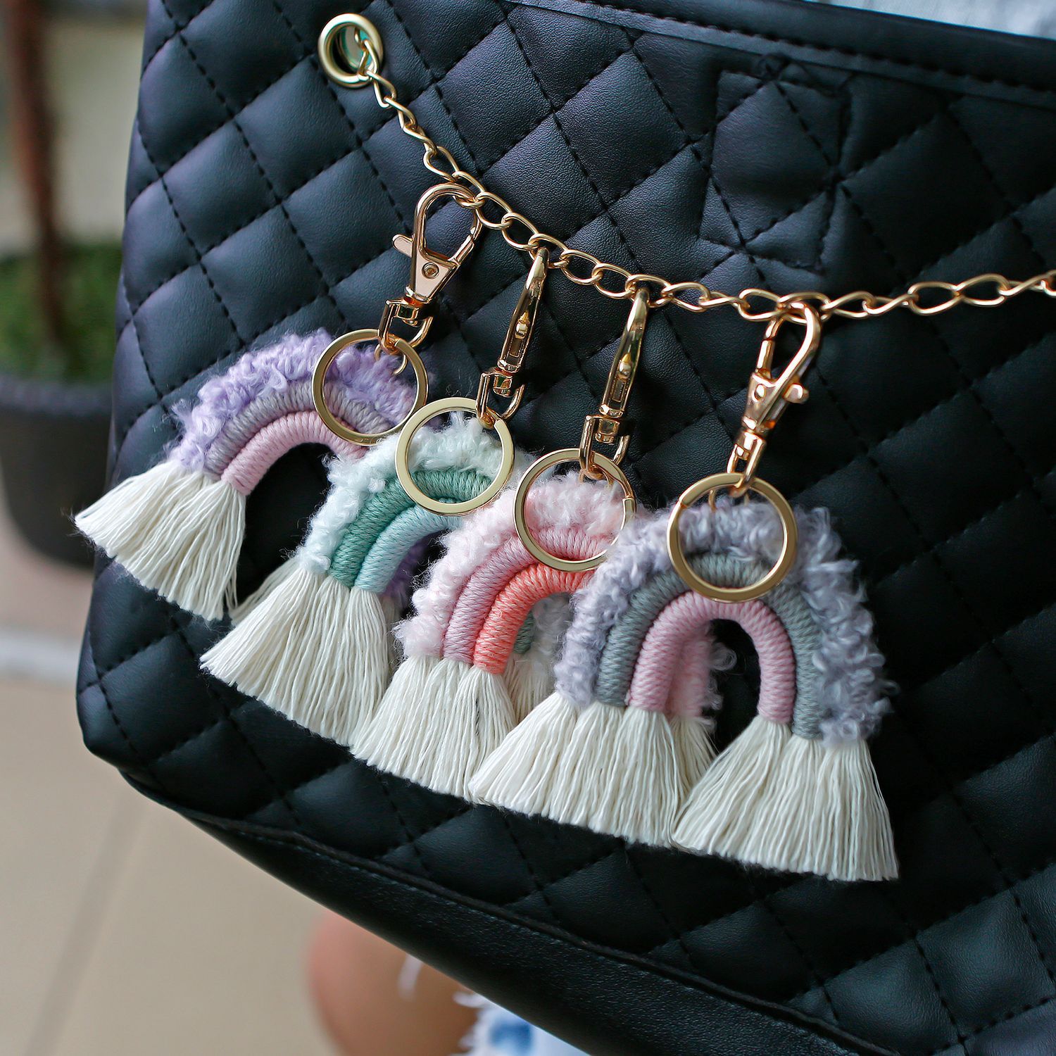Püskül anahtar zinciri basit dokuma anahtarlık parti sırt çantası şekli dekor yaratıcı düz renk kolye