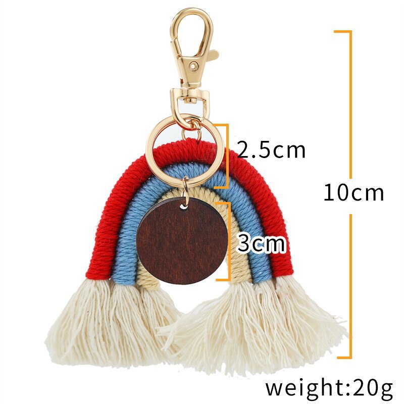 Rainbow Woven Keychains Braided Bohemian Tassel Keychain Pendant DIY Blank Wood Chip Luggage Decoration Key Chain Keyring