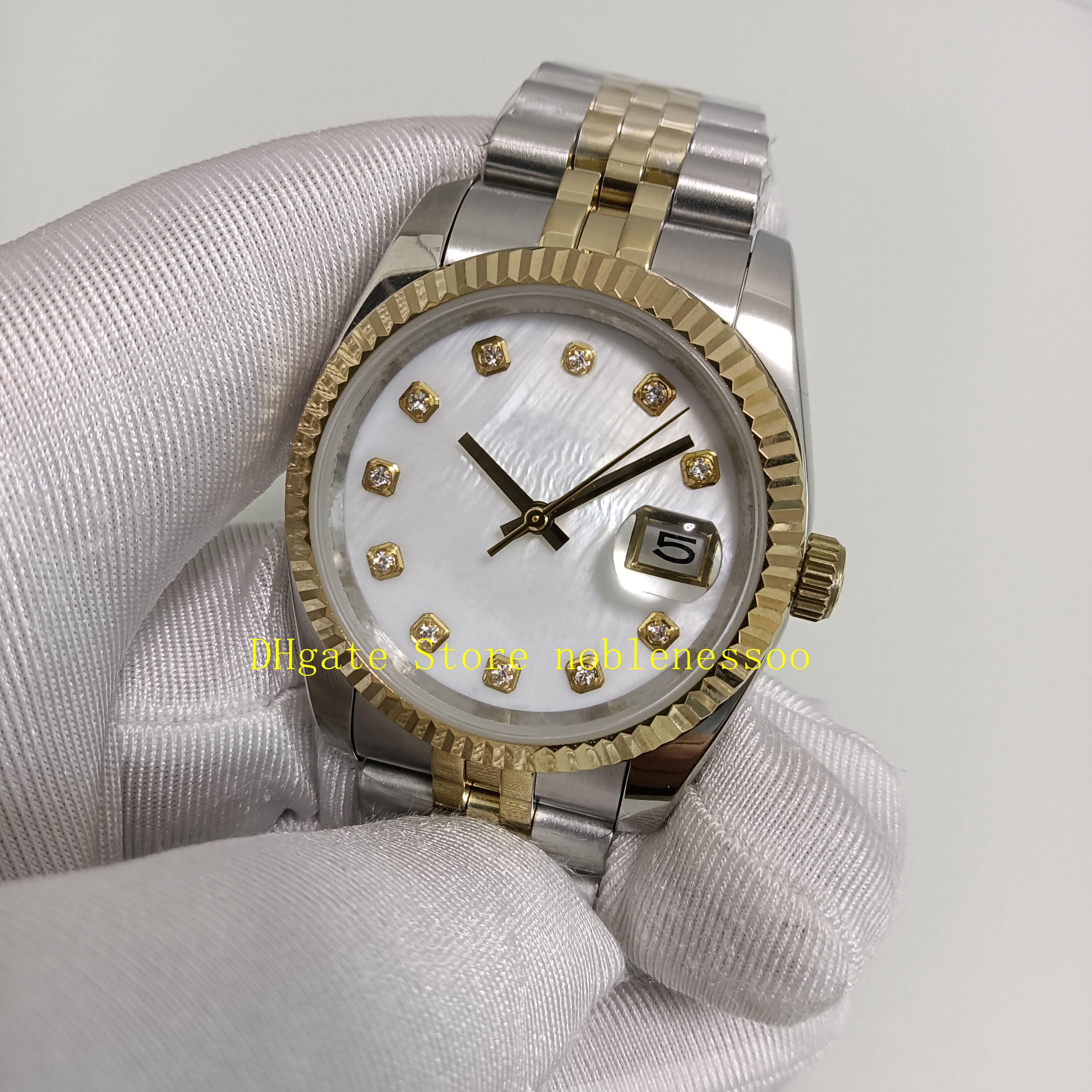 20 estilo real po com caixa relógio feminino senhoras automático 31mm ouro amarelo mop mãe pérola dial diamante ásia 2813 movimento mechan207j