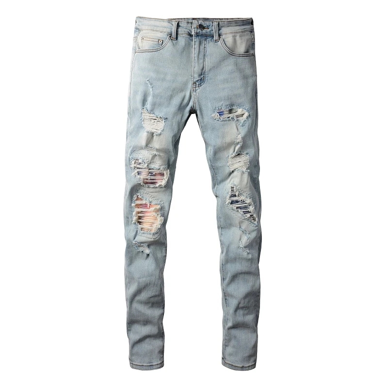 Men Cracked Patch Stretch Denim Jeans Holes Ripped Patchwork Pants Streetwear Light Blue Skinny Tapered Trousers