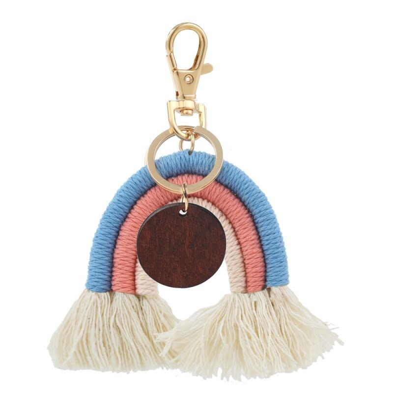 Rainbow Woven Keychains flätade Bohemian Tassel Keychain Pendant Diy Blank Wood Chip Bagage Decoration Key Chain Keyring