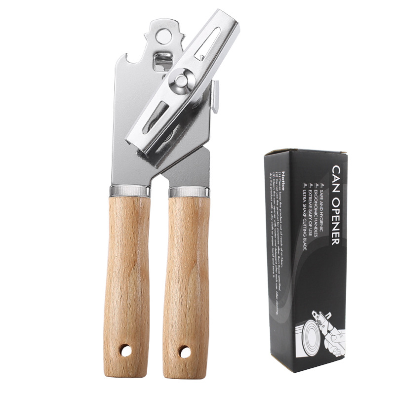 Ouvre-boîtes en acier inoxydable avec manche en bois Ouvre-boîte manuel ergonomique professionnel Ouvre-boîte à coupe latérale Outil de cuisine LX5542