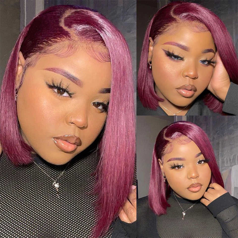 Hair Wigs 99j Burgundy Short Bob 13x4 Lace Front for Black Women Brazilian Human Red Highlighted Colored t Part 230412