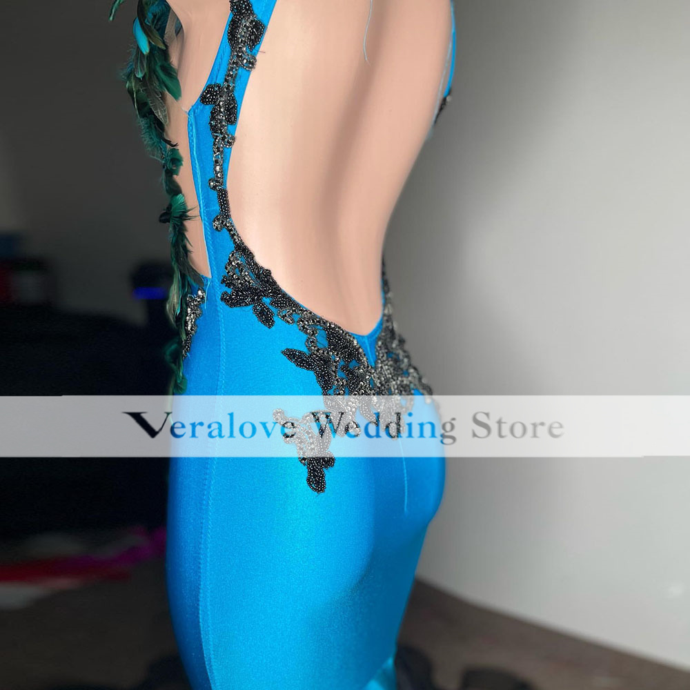 Luxury Blue Feathers Prom Dresses For Black Girls Beading Mermaid aftonklänningar 2023 Robes de Bal Women Party Wear