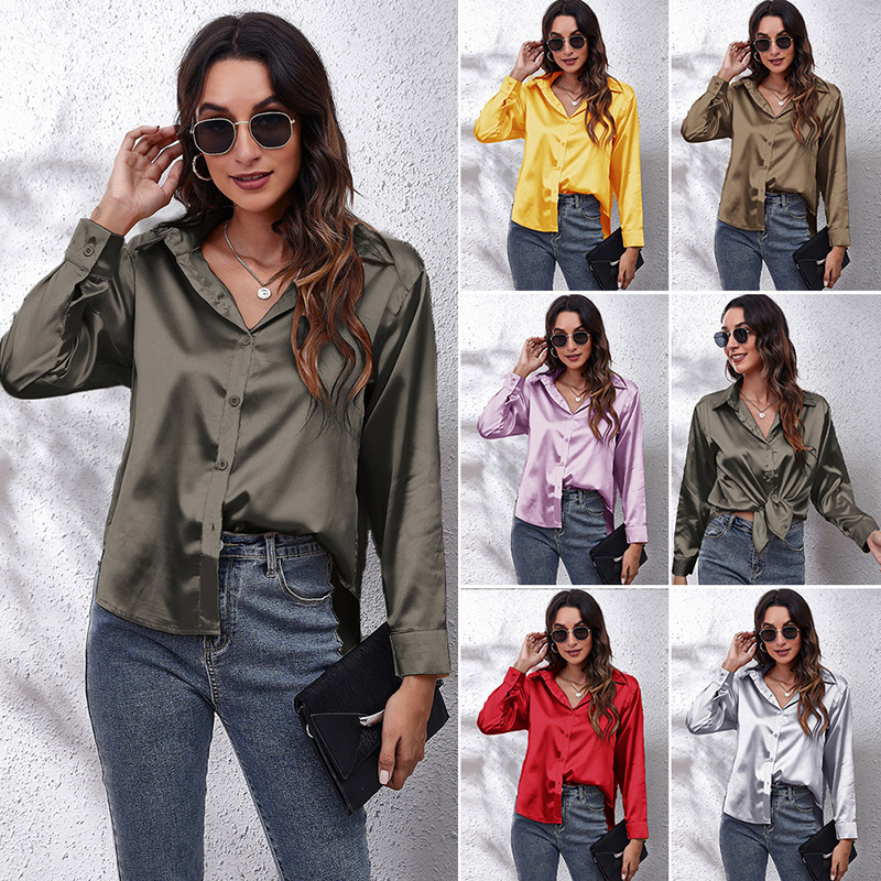 Autumn Fashion Button Up Satin Silk Shirt Youth Woman Blouses Cheap and Pretty Blouses Satin Luxury Shirt OL Female Clothing