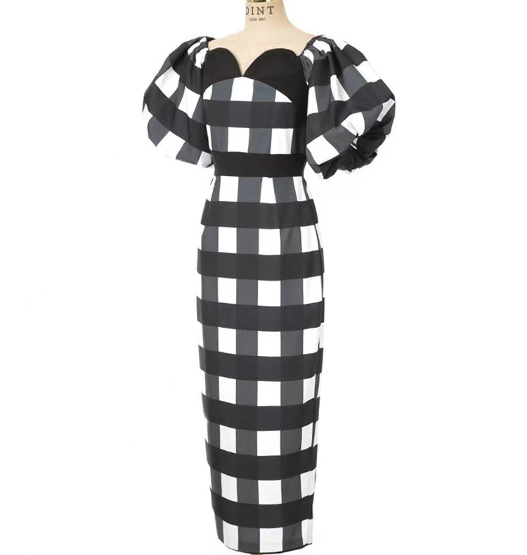 Women Casual Dresses Fashion Summer Black White Plaid Sheath Dress Retro France Peach Heart Collar Lantern Sleeve Bodycon Pencil Long Vestidos 2024