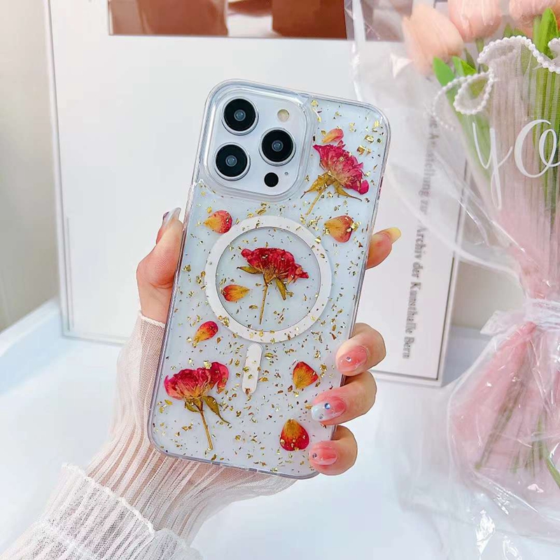 Magnet trådlöst laddningsfodral för iPhone 15 plus 14 pro max 13 12 torr blomma pressad hård akryl pc plast tpu bling glitter paljett gnistrande magnetisk telefon bakåt täckning